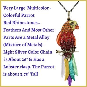 Large Multicolor Feathered Red Rhinestone Silver Color Metal Accents & Chain